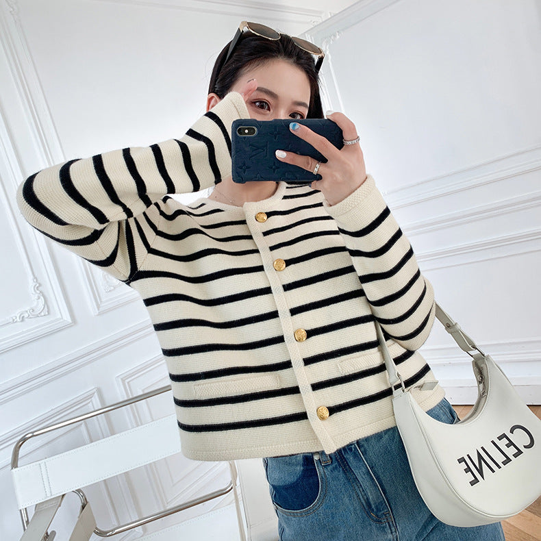 Josie Round Neck Striped Knitted Cardigan Short Coat Long Sleeve Sweater