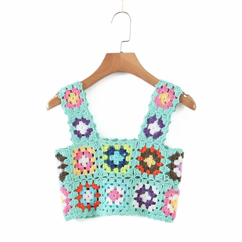 Zaira Fashionable Square Neck Sleeveless Short Sleeve Crochet Hollow Vest