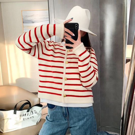 Josie Round Neck Striped Knitted Cardigan Short Coat Long Sleeve Sweater