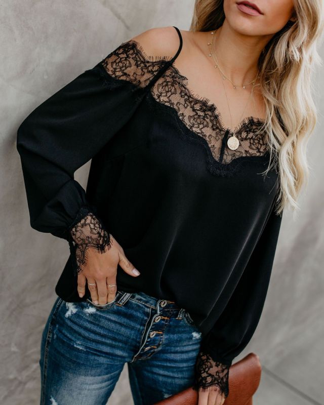 Larissa New Sexy Lace Splice Chiffon Long Sleeve V-Neck Top Solid T-Shirt