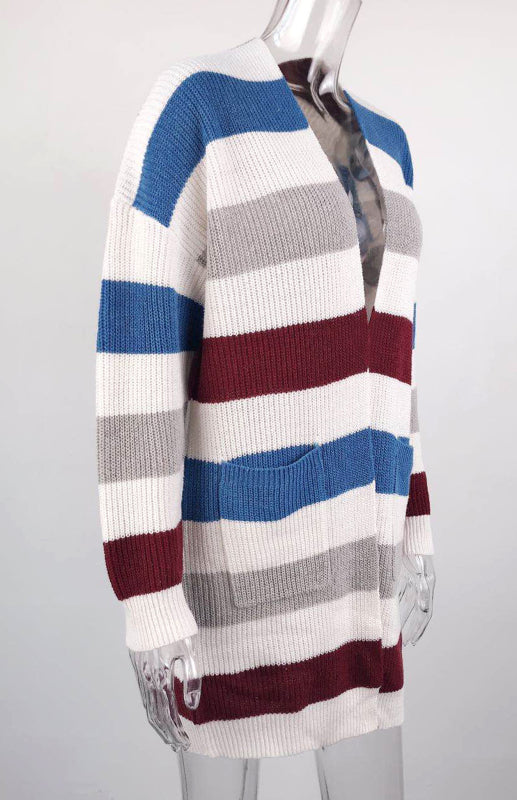 Jody Ladies Casual Fashion Striped Contrast Knit Cardigan