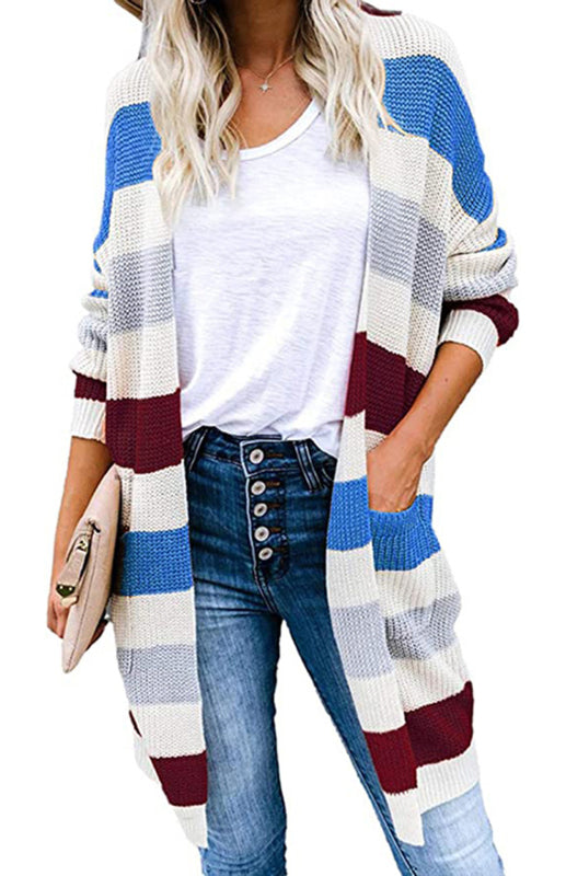 Jody Ladies Casual Fashion Striped Contrast Knit Cardigan