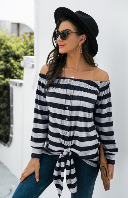 Felicia Striped Blouse With One-Shoulder Button Decoration And Tie Knot