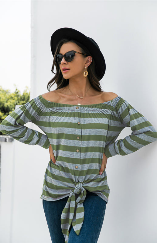 Felicia Striped Blouse With One-Shoulder Button Decoration And Tie Knot