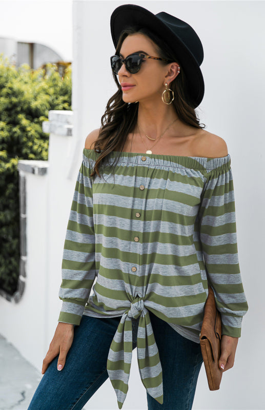 Felicia Striped Blouse With One-Shoulder Button Decoration And Tie Knot