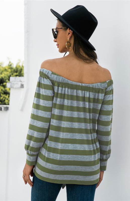 Felicia Striped Blouse With One-Shoulder Button Decoration And Tie Knot