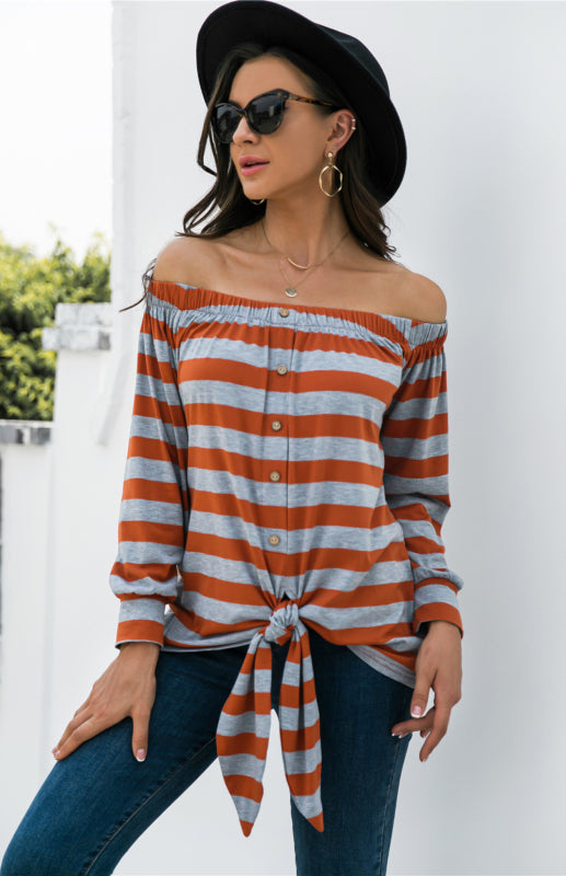 Felicia Striped Blouse With One-Shoulder Button Decoration And Tie Knot