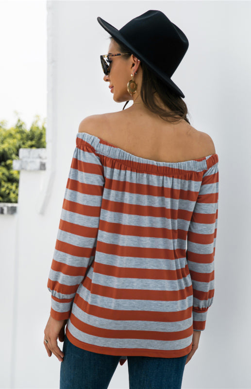 Felicia Striped Blouse With One-Shoulder Button Decoration And Tie Knot