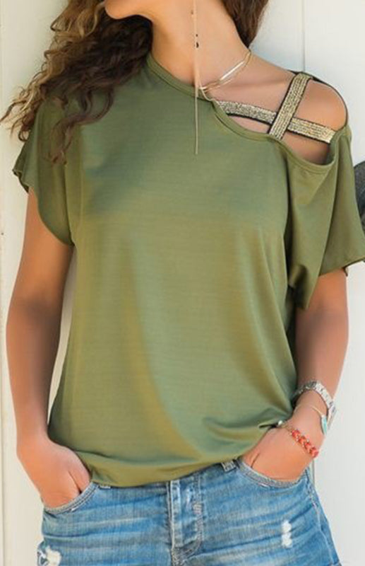 Monique Casual Oblique Shoulder Crossed Irregular Short Sleeve T-Shirt