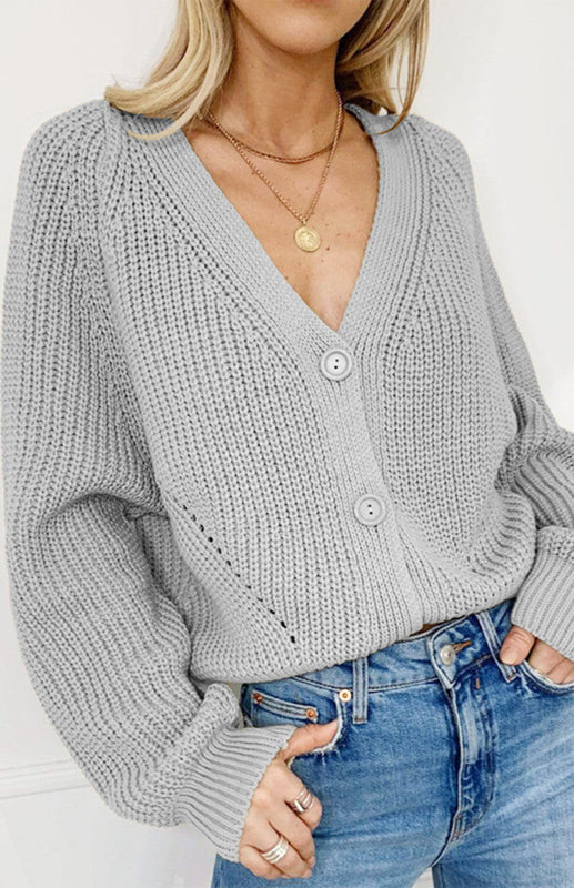 Tori Solid V-Neck Lantern Sleeve Button Knit Cardigan