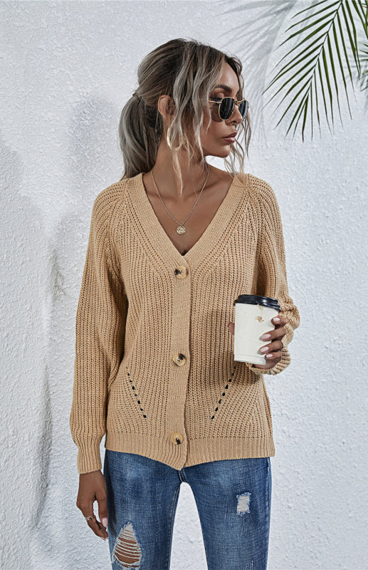 Tori Solid V-Neck Lantern Sleeve Button Knit Cardigan