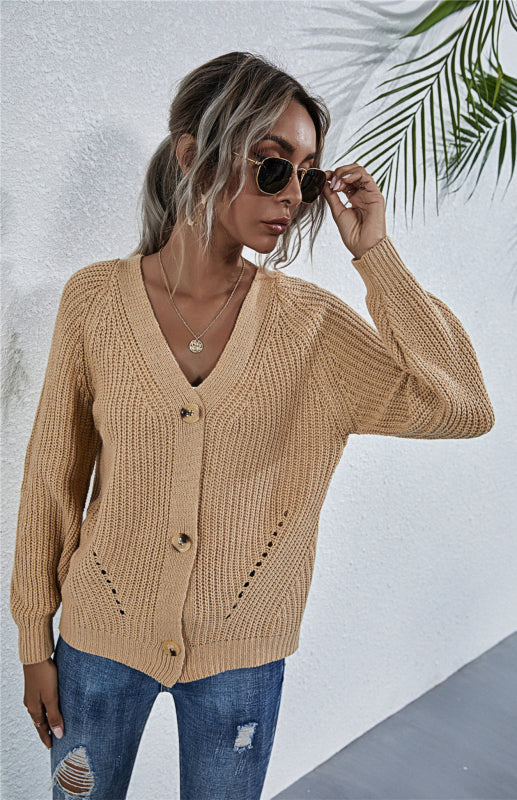 Tori Solid V-Neck Lantern Sleeve Button Knit Cardigan