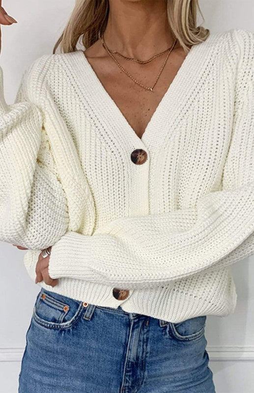 Tori Solid V-Neck Lantern Sleeve Button Knit Cardigan