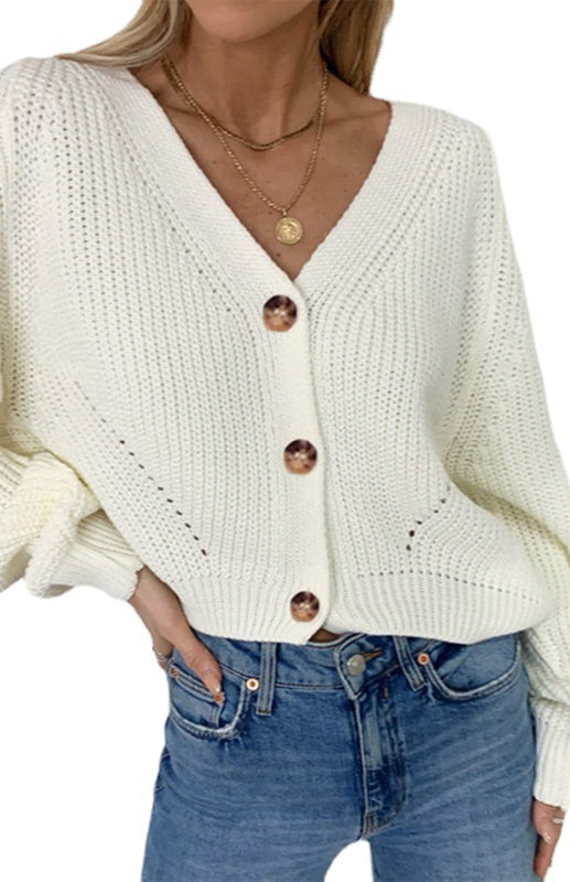 Tori Solid V-Neck Lantern Sleeve Button Knit Cardigan