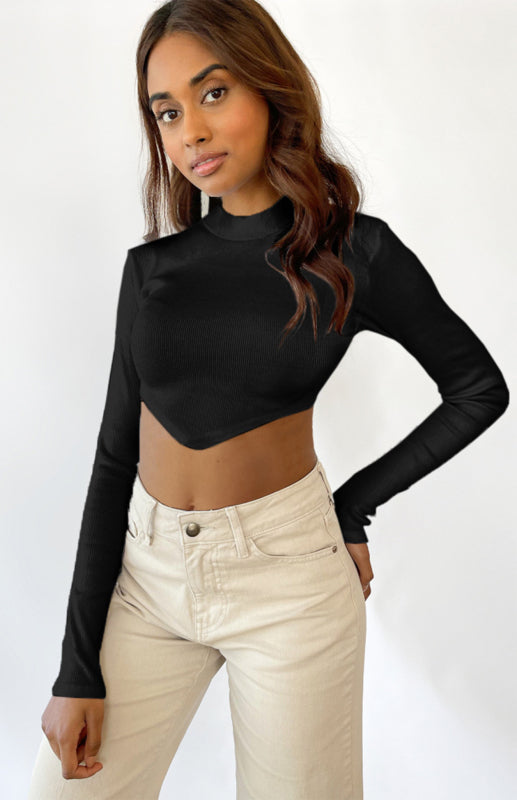 Maura Monochrome Sexy Halter Top With Half-High Neck And Long Sleeves