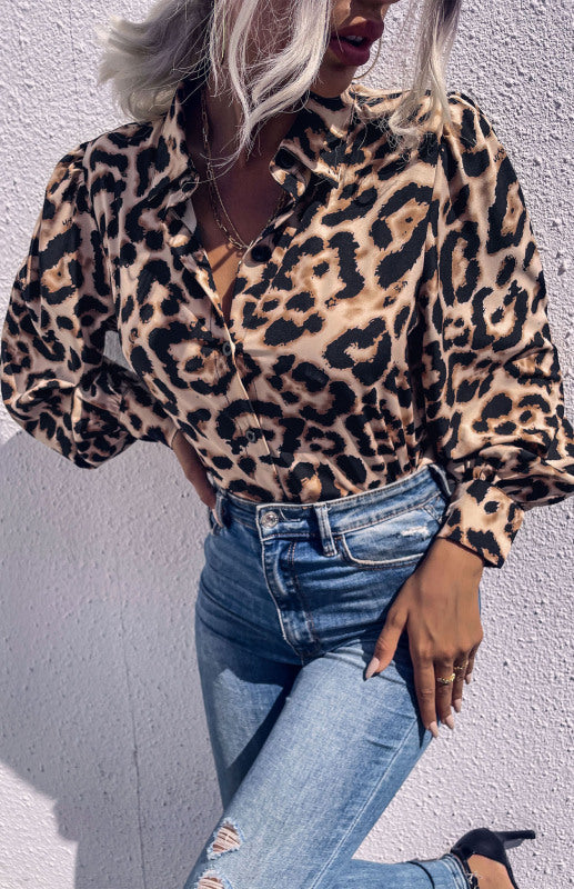 Cordelia Women's Long Sleeve Leopard Print Lapel Shirt