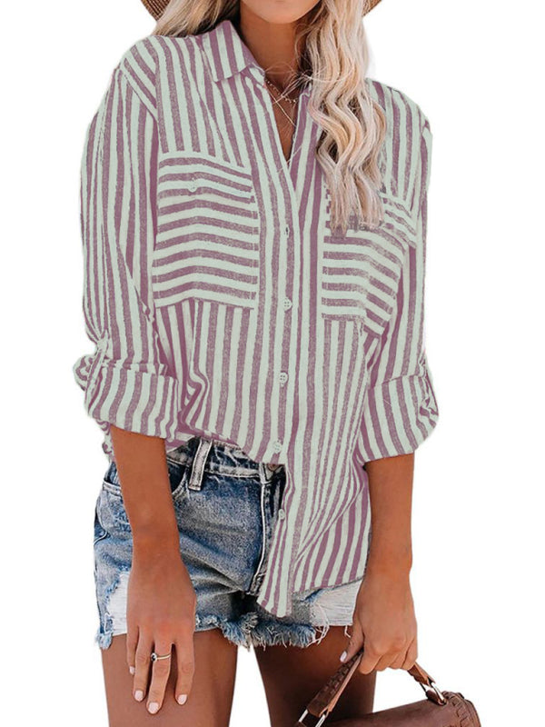 Coralie Women's Linen Cotton Washed Water Stripe Single Breasted Long Sleeve Shirt Women