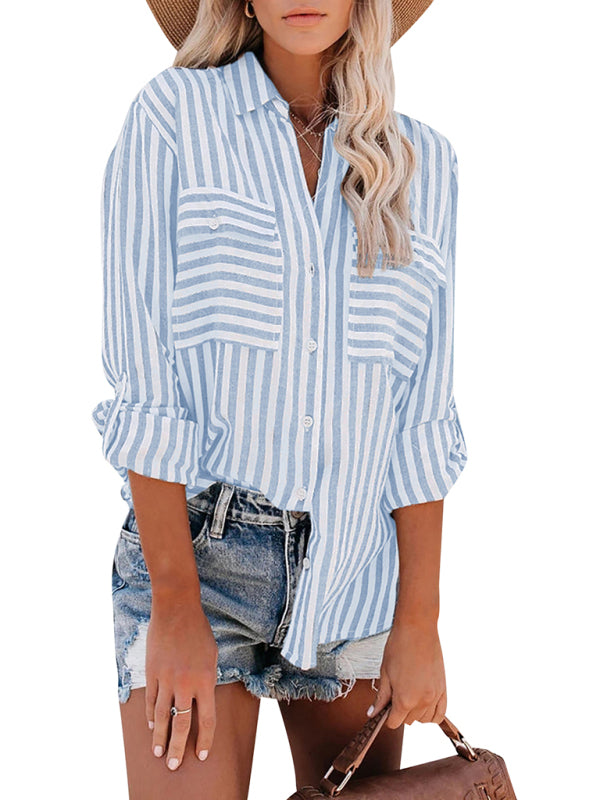 Coralie Women's Linen Cotton Washed Water Stripe Single Breasted Long Sleeve Shirt Women