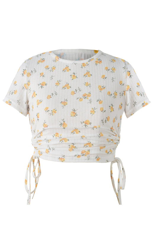 Rebekah Printed Drawstring Plunging Round Neck Short-Sleeved T-Shirt