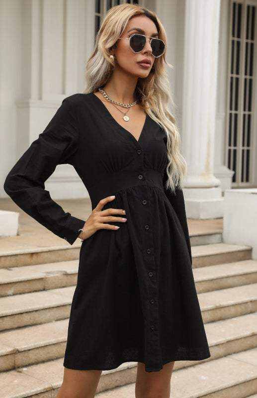 Amelia Women's Slim Shirt Dress Black V-Neck Cotton Linen Dress