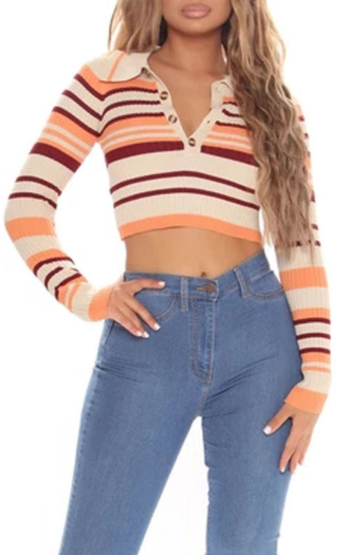 Ophelia Striped Buttoned V-Neck Knit Crop Top