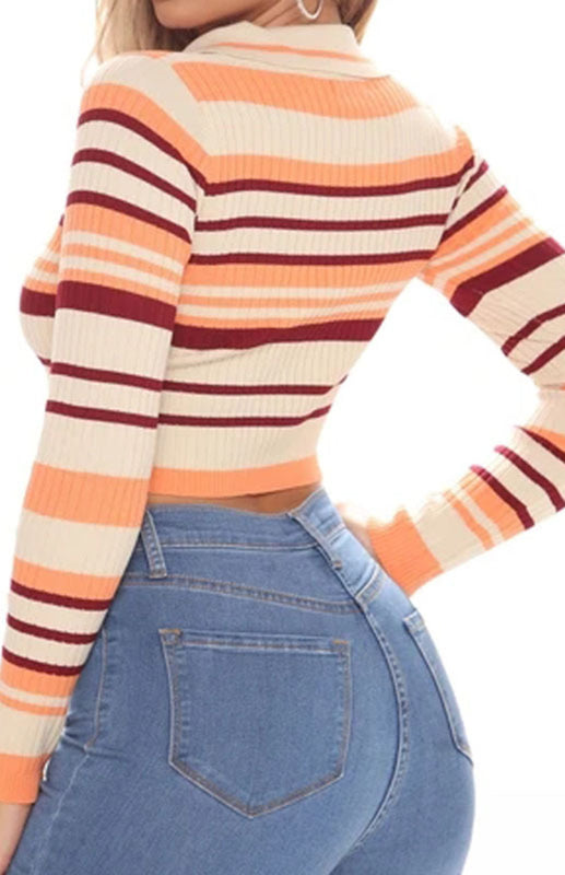 Ophelia Striped Buttoned V-Neck Knit Crop Top