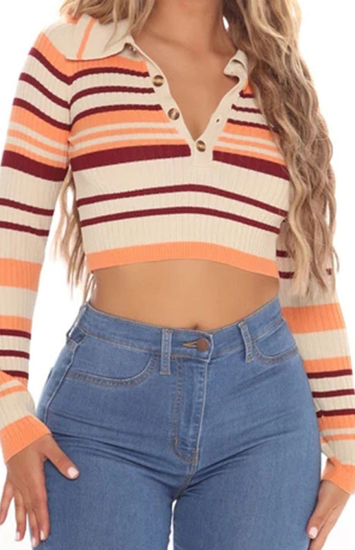 Ophelia Striped Buttoned V-Neck Knit Crop Top