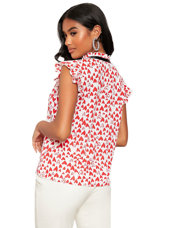 Women's Spring And Summer Loose Sleeveless Lotus Leaf Edge Print Shirt