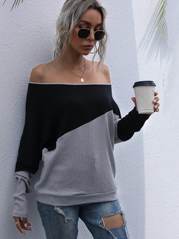 Kinsley Colorblock Long Sleeve Knit Loose Off Shoulder One Shoulder Top