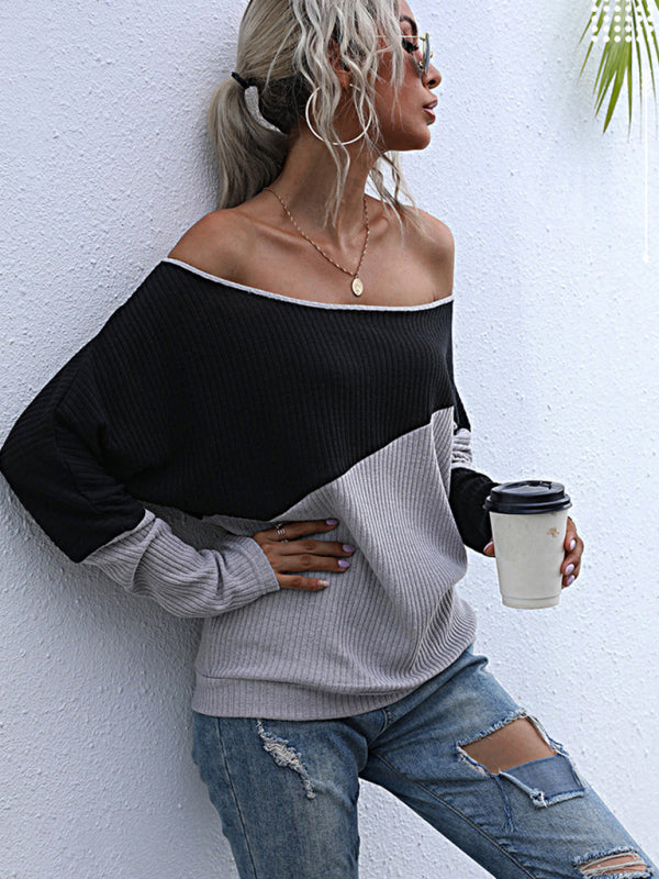 Kinsley Colorblock Long Sleeve Knit Loose Off Shoulder One Shoulder Top