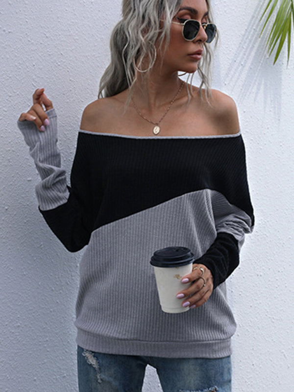 Kinsley Colorblock Long Sleeve Knit Loose Off Shoulder One Shoulder Top