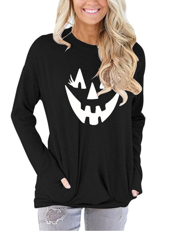 Tanisha Women's Halloween Face Print Round Neck Pullover