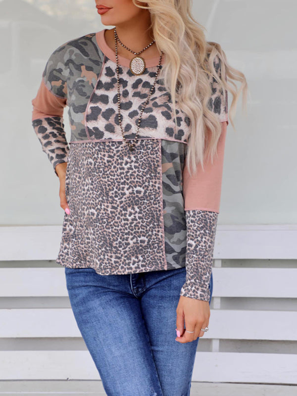 Kelsey Leopard Print Round Neck Long Sleeve Cotton Blend Knit Top