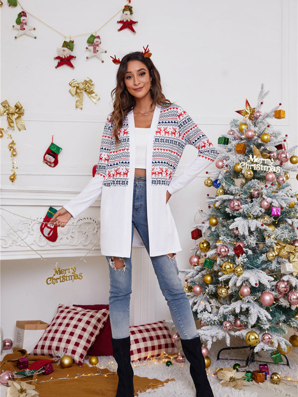 Larissa Women's Loose Color Blocking Christmas Print Casual Cardigan