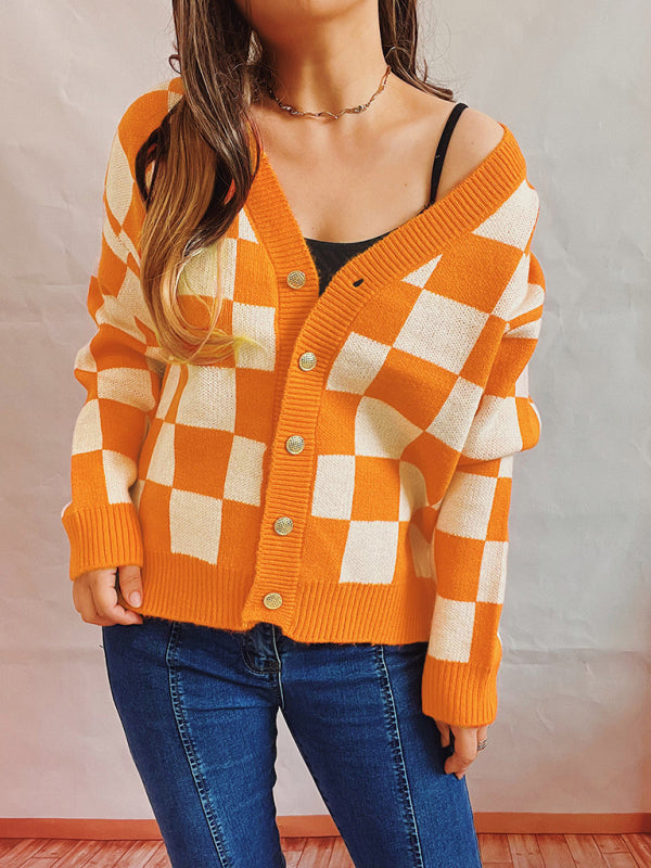 Sheena Checkerboard Contrast Single Breasted Drop Sleeve Sweater Cardigan