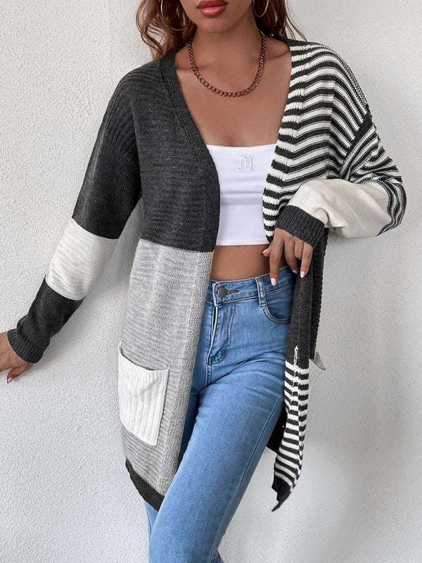 Skyler Women's Striped Color Blocking Buttonless Knit Cardigan