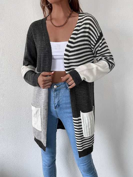 Skyler Women's Striped Color Blocking Buttonless Knit Cardigan