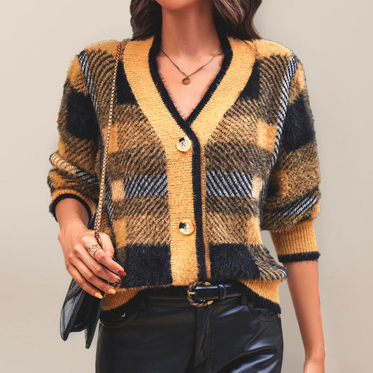 Staci Autumn And Winter New Women's Plaid Button Cardigan Sweater