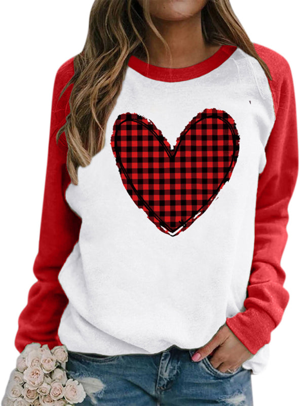 Savannah Valentine's Day Pink Heart Raglan Pullover Casual Printed Round Neck Top