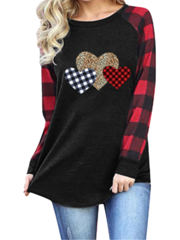 Selena Plaid Leopard Stitching Heart Print Round Neck Long Sleeve T-Shirt