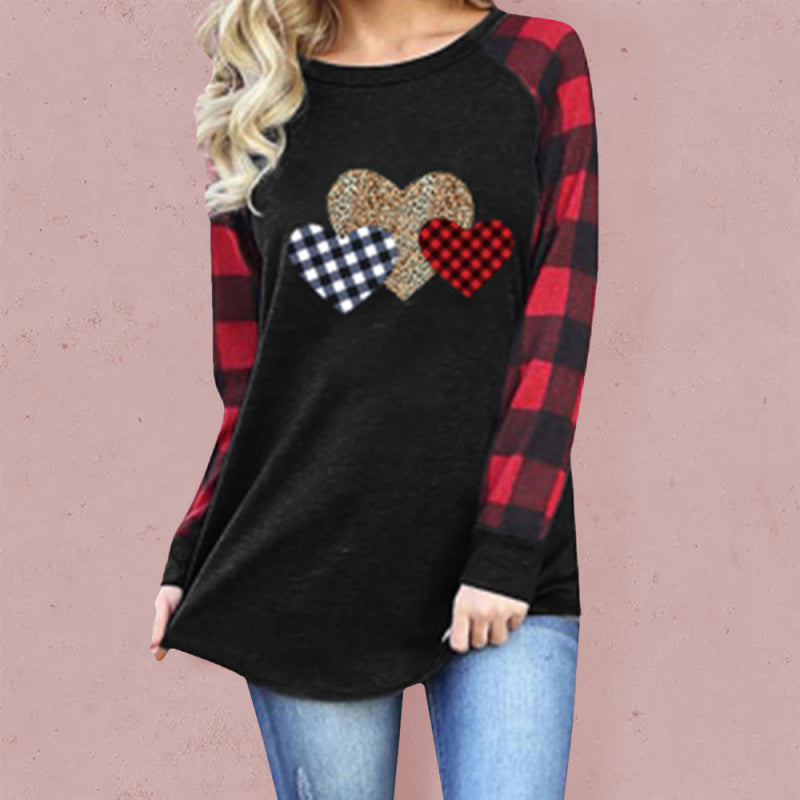 Selena Plaid Leopard Stitching Heart Print Round Neck Long Sleeve T-Shirt