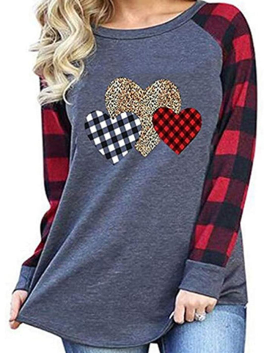 Selena Plaid Leopard Stitching Heart Print Round Neck Long Sleeve T-Shirt