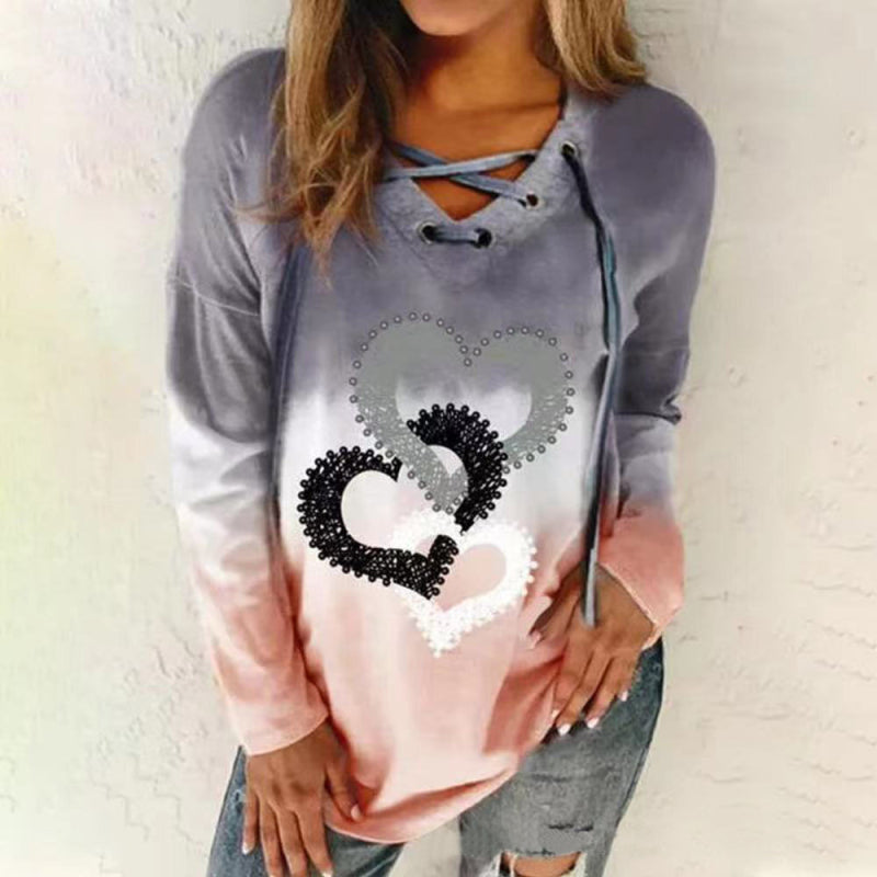 Sydney V-Neck Tie Drawstring Love Print Pullover Gradient Long-Sleeved Loose Sweater