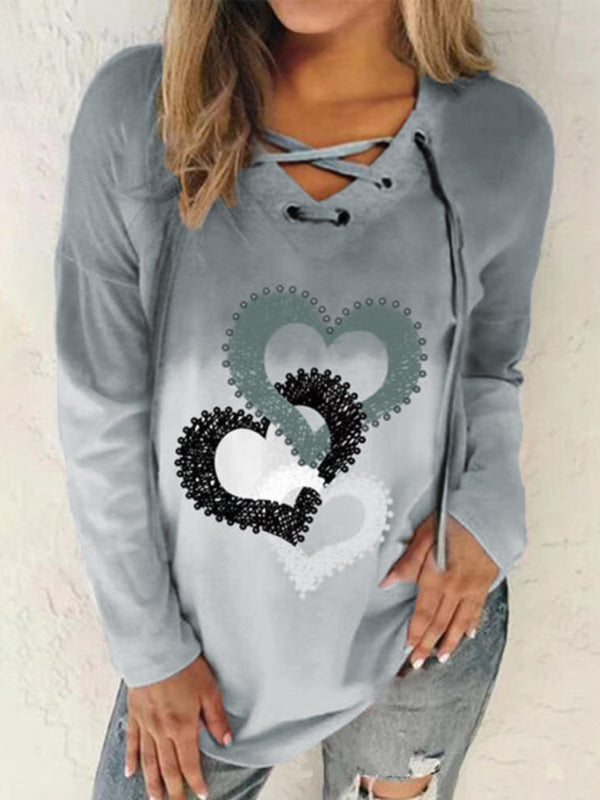 Sydney V-Neck Tie Drawstring Love Print Pullover Gradient Long-Sleeved Loose Sweater