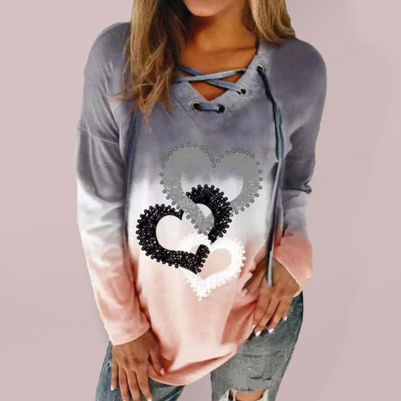 Sydney V-Neck Tie Drawstring Love Print Pullover Gradient Long-Sleeved Loose Sweater