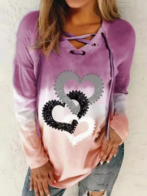 Sydney V-Neck Tie Drawstring Love Print Pullover Gradient Long-Sleeved Loose Sweater