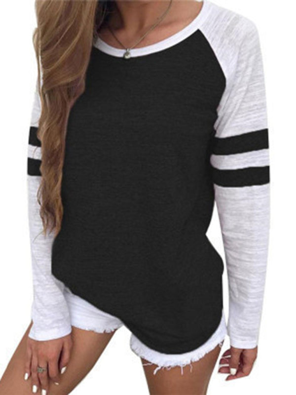 Julia Contrast Color Stripe Stitching Long-Sleeved T-Shirt Round Neck Color Block Top