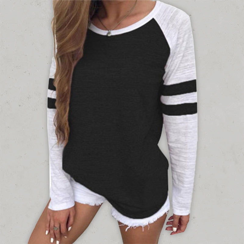 Julia Contrast Color Stripe Stitching Long-Sleeved T-Shirt Round Neck Color Block Top