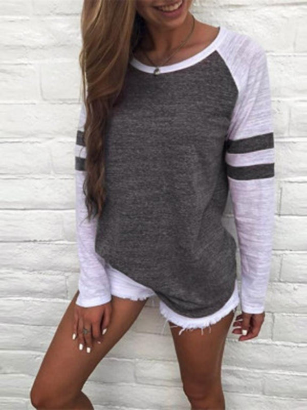 Julia Contrast Color Stripe Stitching Long-Sleeved T-Shirt Round Neck Color Block Top