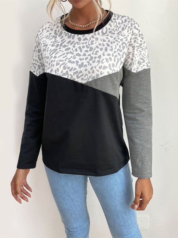 Serenity Women's Casual Style Color-Block Leopard Print Long-Sleeved Sweatshirt